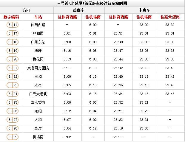 廣州地鐵時間表3號線