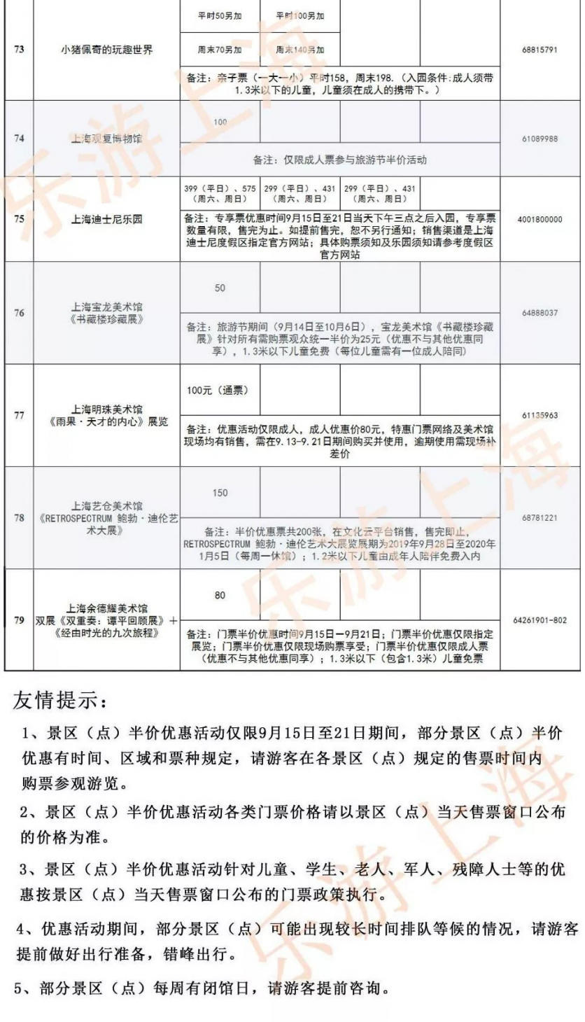 2019上海旅游节半价景区表 9月15日-21日上海旅游节半价门票景点