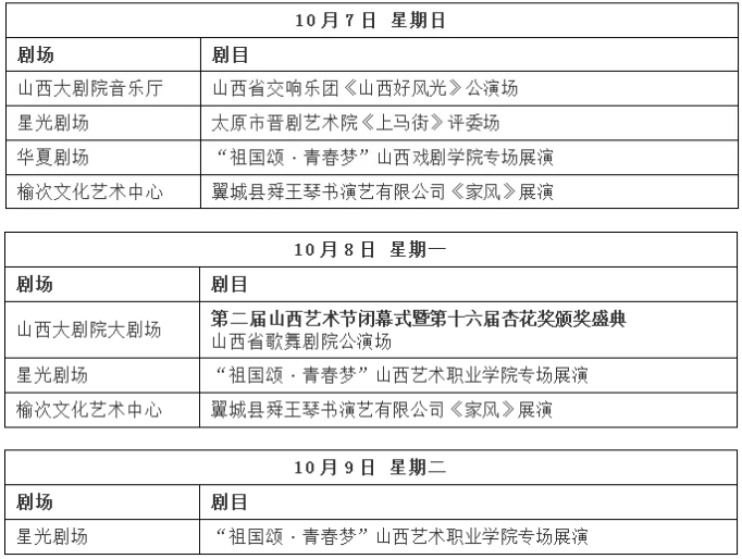 2019山西藝術節演出節目單+開閉幕式時間