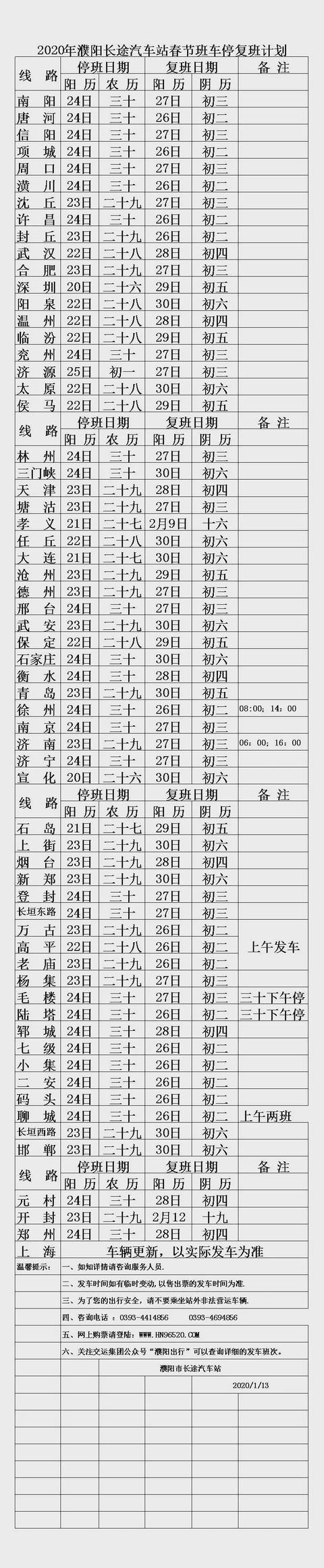 濮阳各地汽车站2020春节期间发车时间表