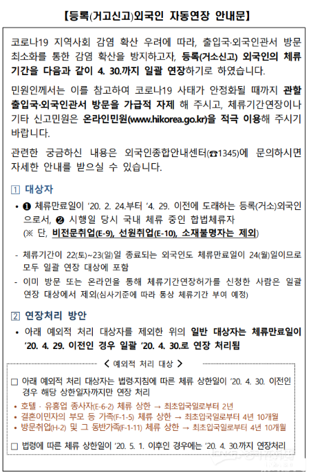 韩国已登记外国人滞留时间延长至4月30日