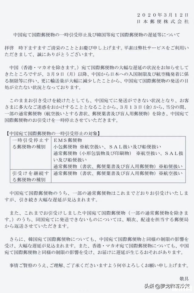 2020日本停止揽收寄往中国邮件