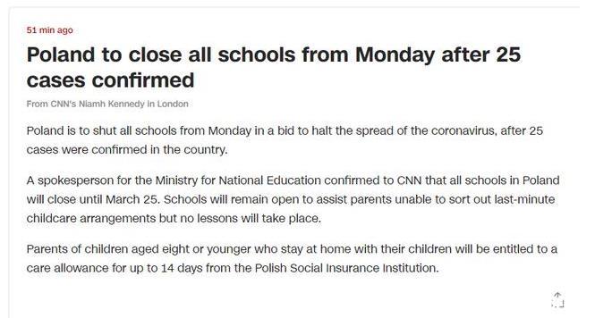 波兰关闭全国所有学校及娱乐场所