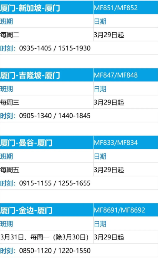 4月各大航司国际航班计划表 厦门列车运行最新信息