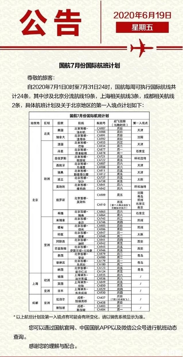 國內各大航空公司7月國際航班計劃盤點