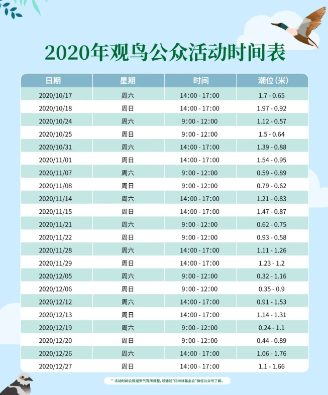 2020-2021深圳湾公园观鸟活动时间表