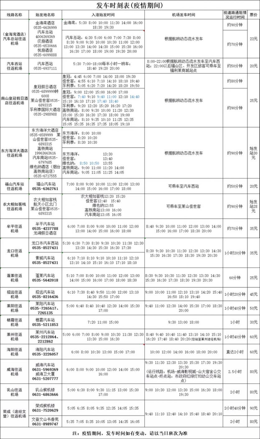 2020年秋冬航班煙臺(tái)交運(yùn)機(jī)場巴士時(shí)刻表