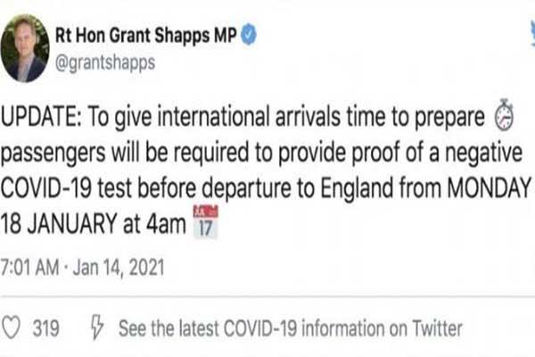 英国入境最新规定1月 需持72小时内阴性检测证明