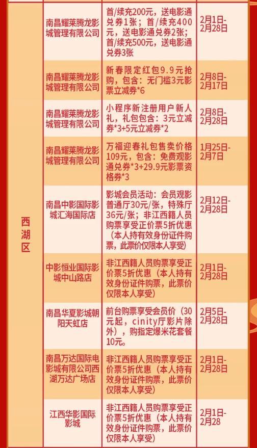 2021南昌各大影院春节优惠活动一览