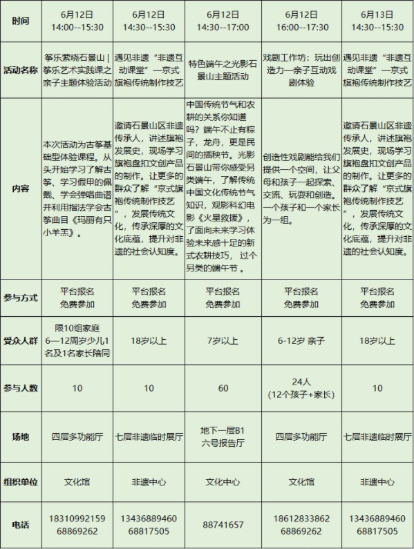 6月8日至14日北京石景山区文化中心活动汇总