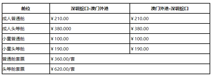 2021深圳蛇口码头到澳门码头时刻表及票价