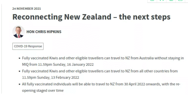 新西兰开放边境最新消息 新西兰明年4月30日起全面开放边境