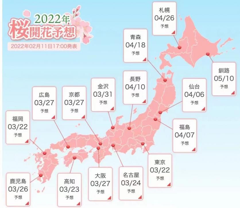 日本樱花前线2022时间 附推荐地点及美食推荐