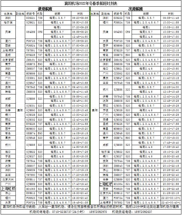 2022-2023湖北机场冬春季航班时间