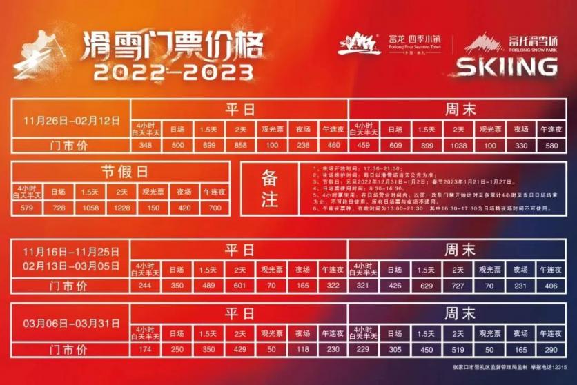 2022-2023富龍滑雪場門票價格表