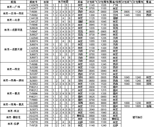 2023-2024西藏各机场航班信息表