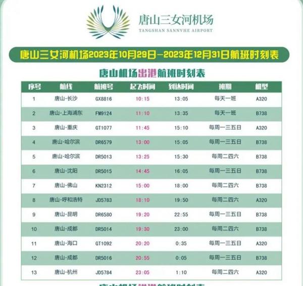 2023-2024唐山三女河机场冬春航班时刻表