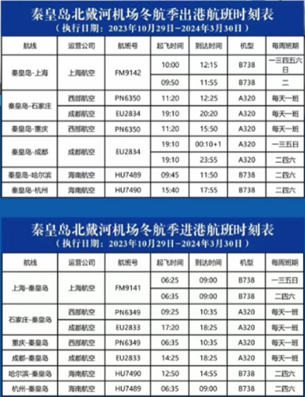 2024北戴河机场航班时刻表最新