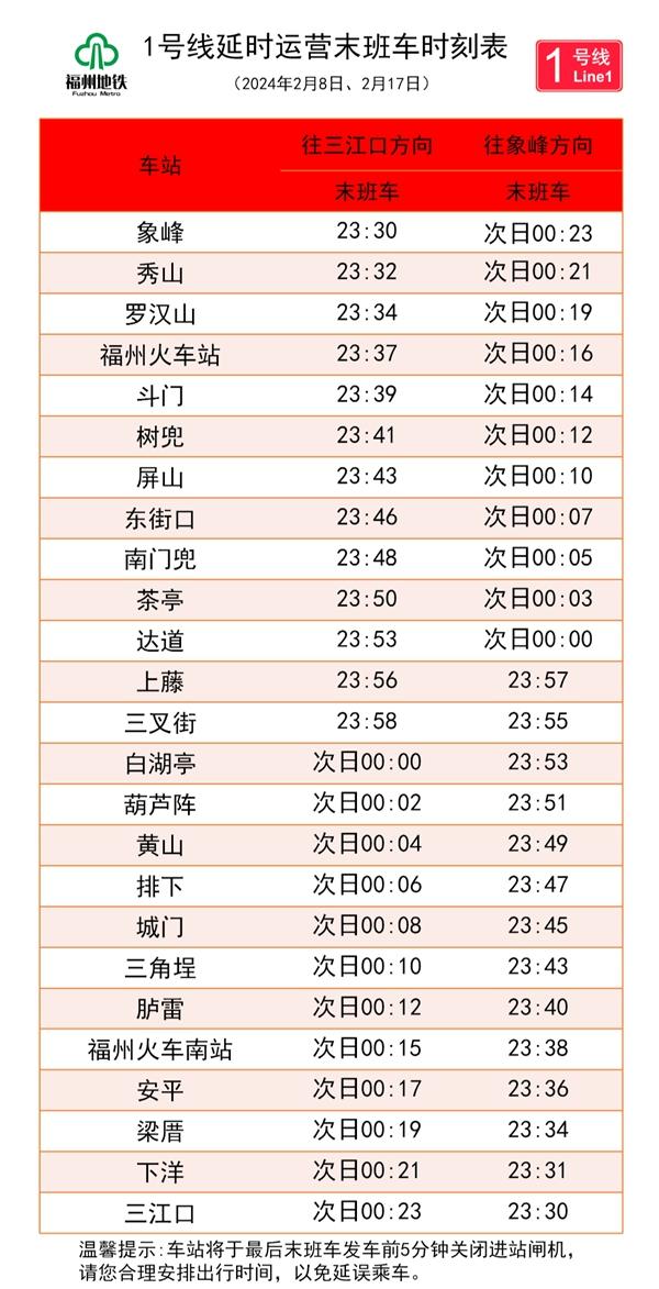 2024福州地铁春节运营时间