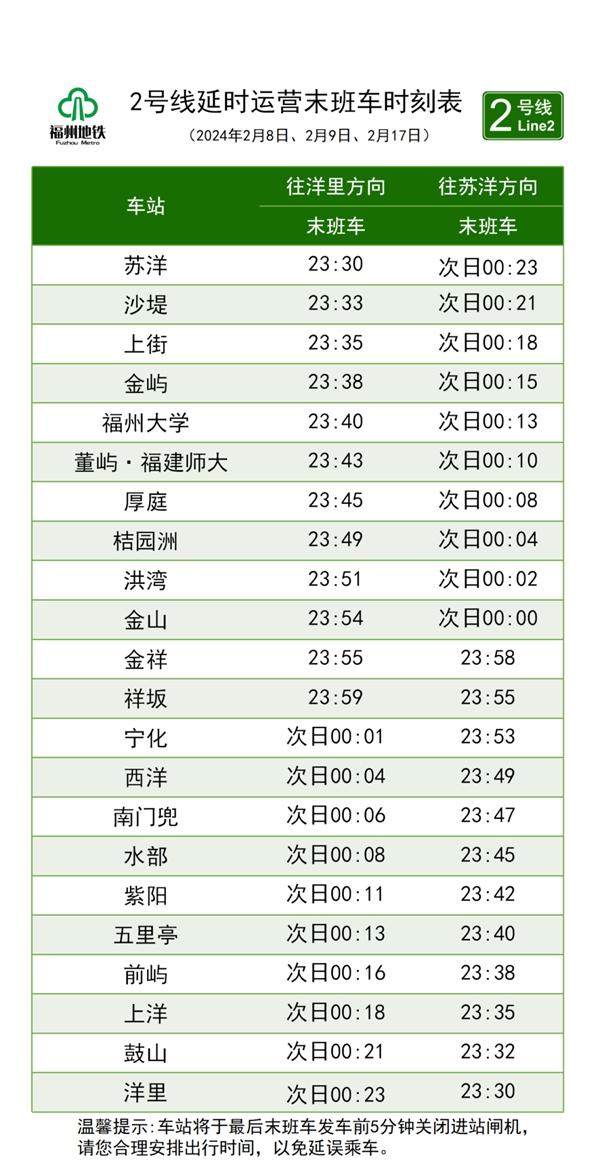 2024福州地铁春节运营时间