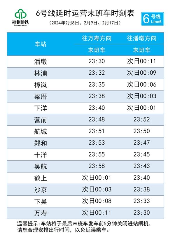 2024福州地铁春节运营时间