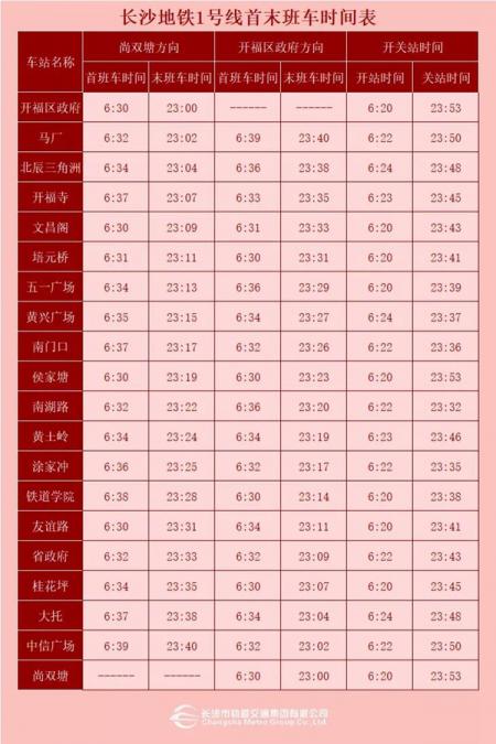 长沙地铁1号线运营时间2024